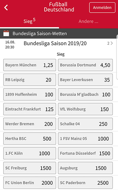 Langzeitwette Bundesliga Meister bei Tipico