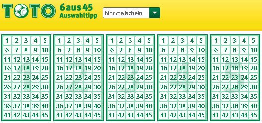 Digitaler Wettschein zur 6 aus 45 Auswahlwette