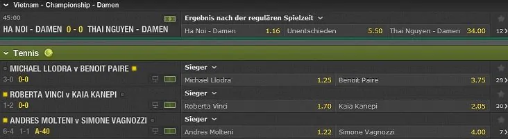 Bet365 Live Wetten Ausschnitt aus den Live Wetten Angebot von Bet365 Sportwetten