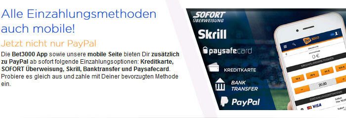 Mobile Sportwetten bei Bet3000 Bet3000 Wettkonto Mobil Einzahlung und Auszahlung im Sportwetten Test