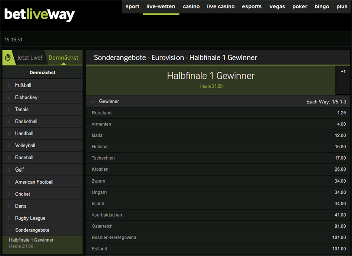Betway Livewetten zum Eurovision Song Contest
