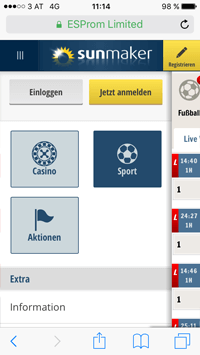 Sunmaker mobile App Wettmenü