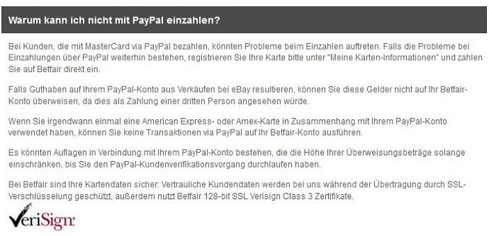 FAQ Eintrag zu PayPal bei Betfair