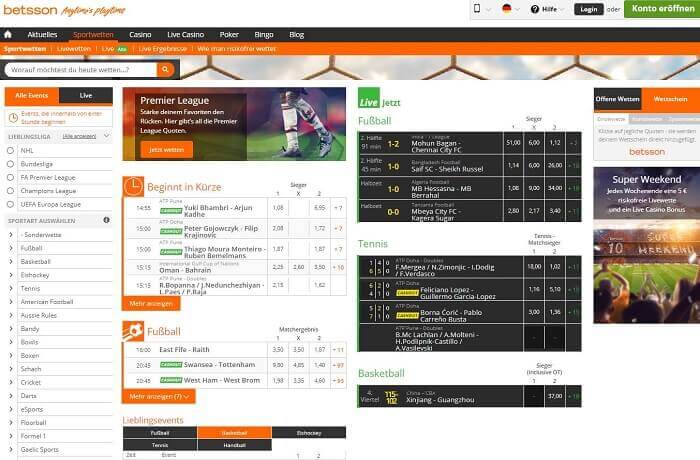 Die Startseite des Betsson Sportsbook im Januar 2018 Betsson Sportwetten Landingpage