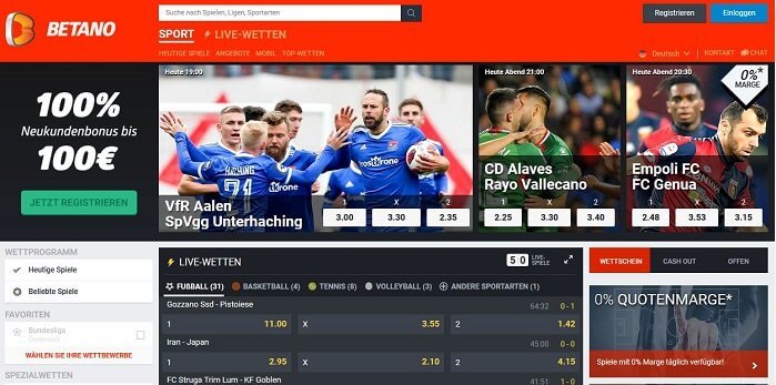 Startseite von Betano