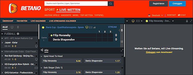Livestreams von Betano ild zeigt die Livestreams bei den Betano-Livewetten
