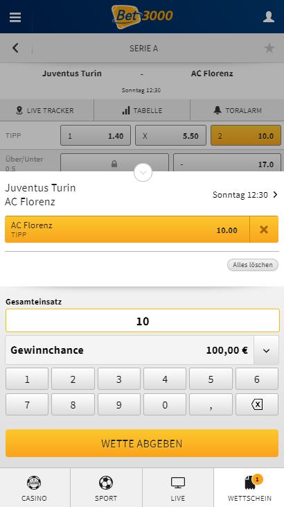 Bet3000 Wettschein mobil