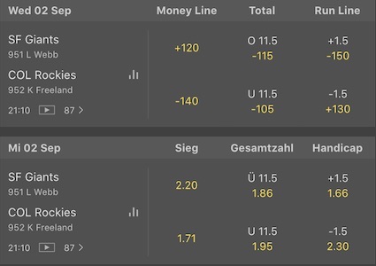 Bet365 Baseball Moneyline Siegwette Beispiel Deutsch Amerikanisch