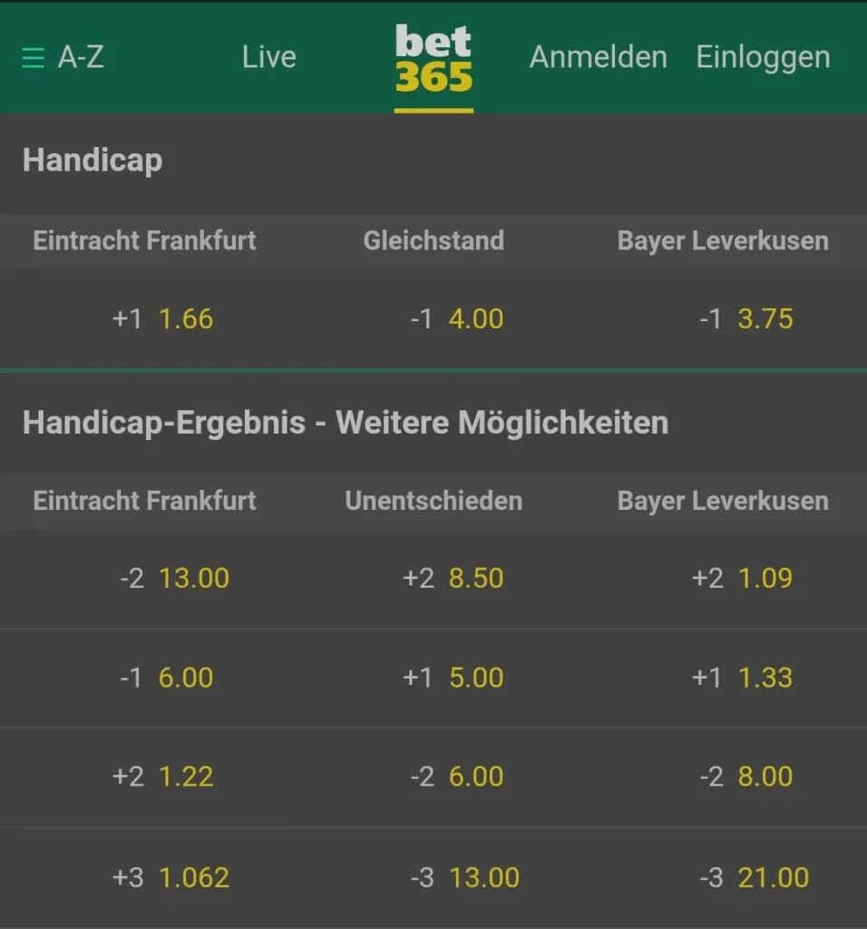 Handicap Wette Beispiel Bet365