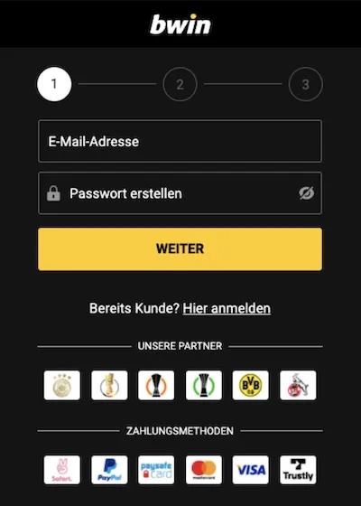 bwin Anmeldeformular