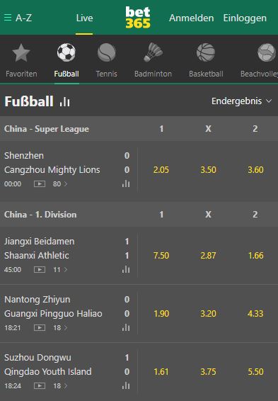 Live Wetten beim Wettanbieter Bet365