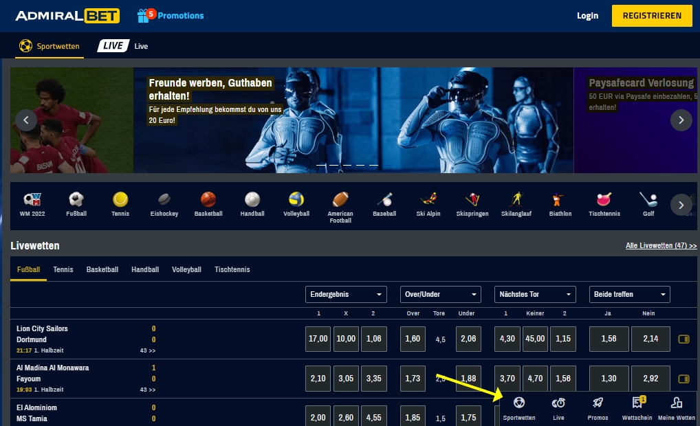 AdmiralBet Sportwetten Seite