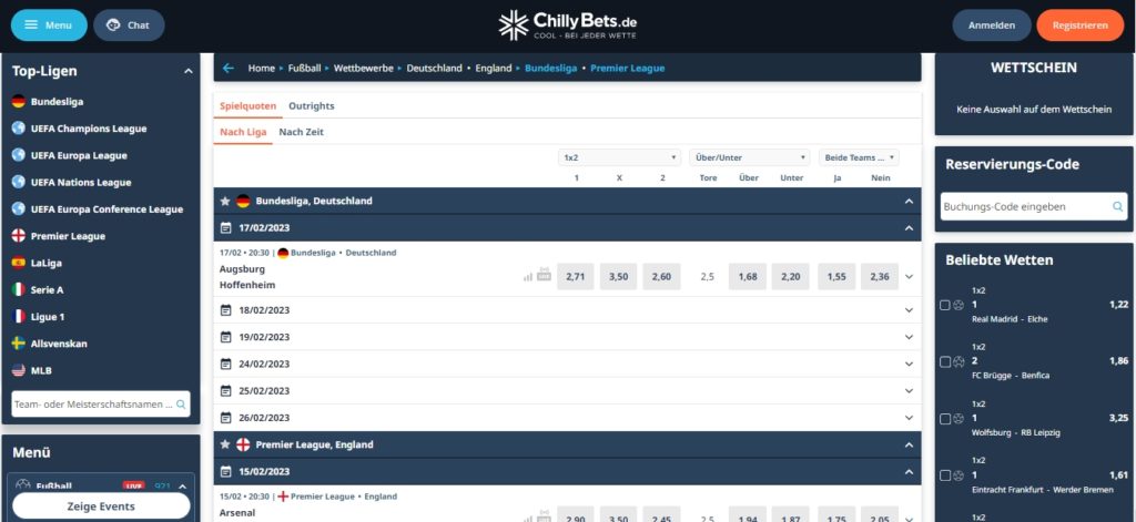 Chillybets Sportwetten am Desktop