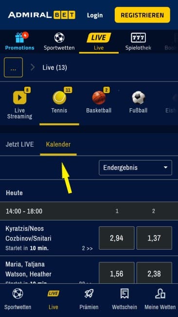 AdmiralBet Live-Wetten Kalendar