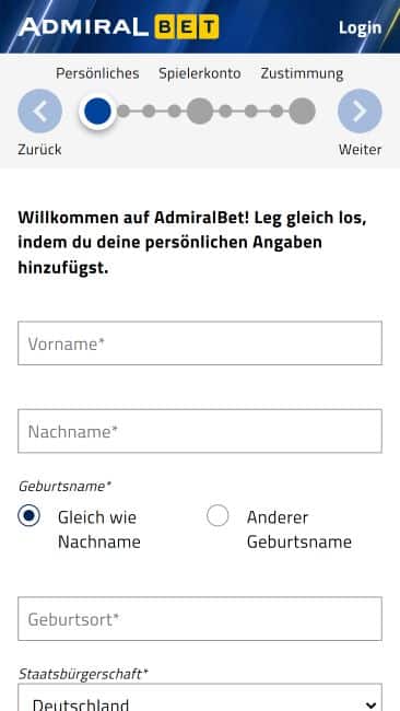 AdmiralBet Registrierung mit PayPal