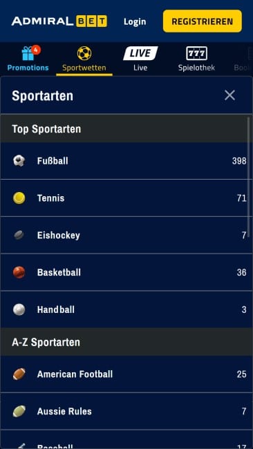 AdmiralBet Wetten und Sportarten