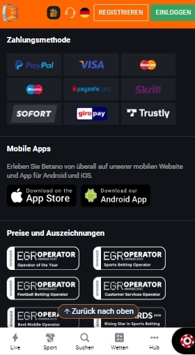 Zahlungspartner in der Betano Wett App