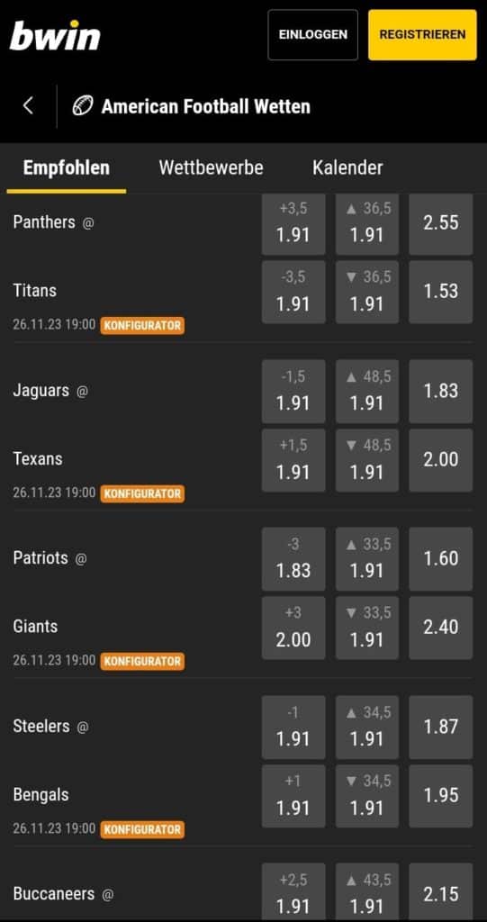 Bwin NFL Quoten