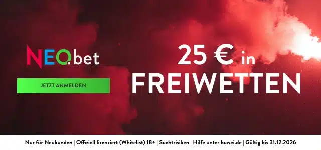 neobet bonus 25€ Freiwetten + bis zu 100€ Willkommensbonus